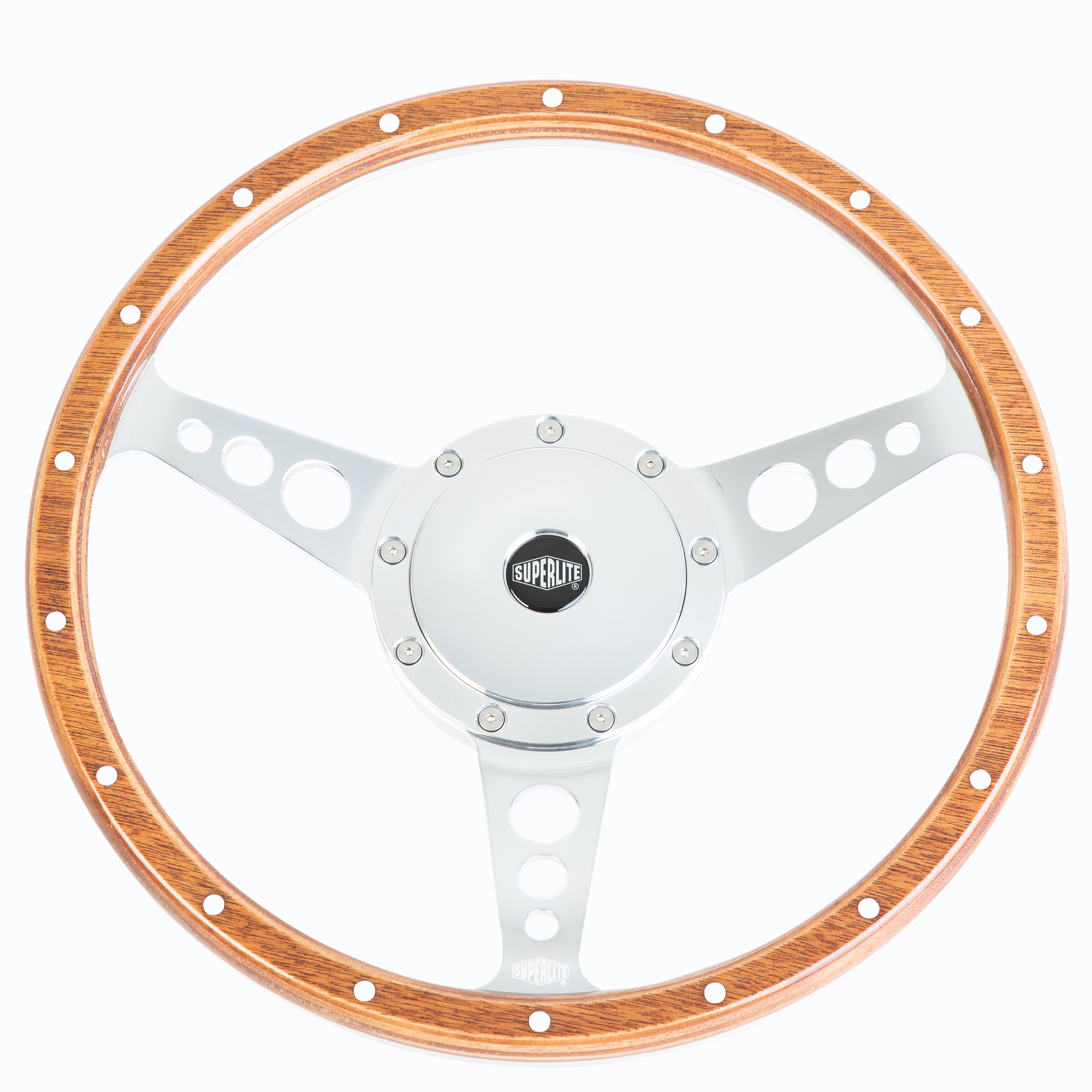 13" SUPERLITE® Light Woodrim Steering Wheel - 3 Spoke - Polish Dished - Holes
