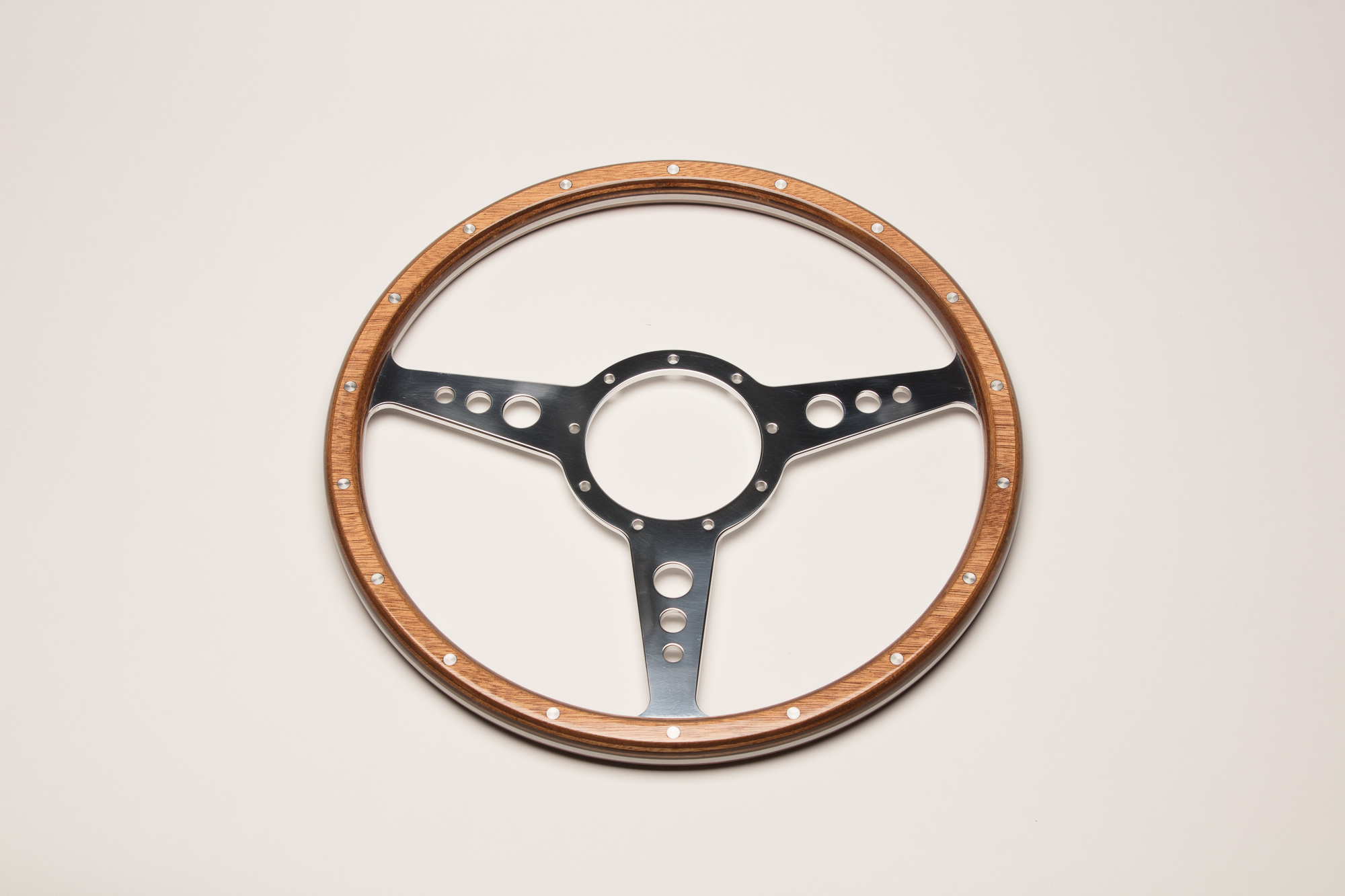 14" JBW Light Woodrim Steering Wheel - 3 Spoke - Polish Flat - Holes