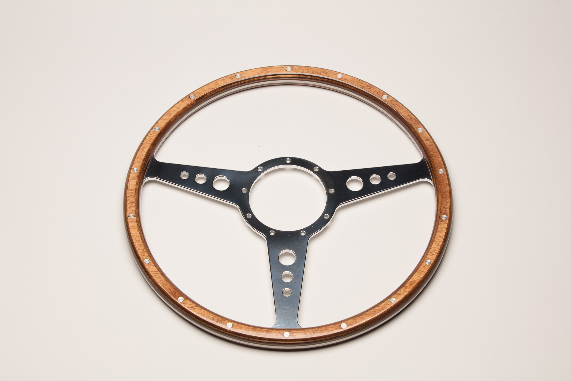 15" JBW Light Woodrim Steering Wheel - 3 Spoke - Polish Flat - Holes